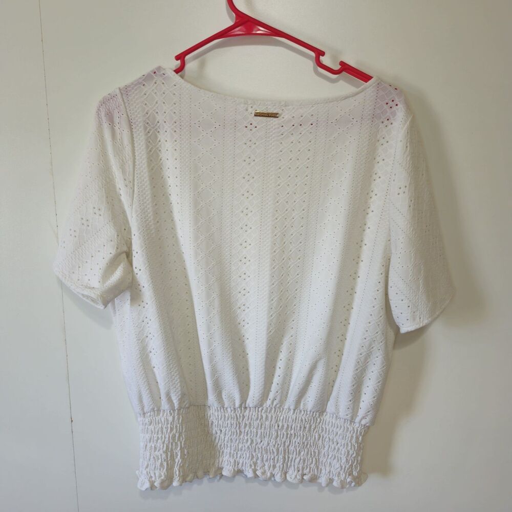 Michael Kors White Eyelet Short Sleeve Smocked Waist Top Blouse Womens Medium - Picture 5 of 10